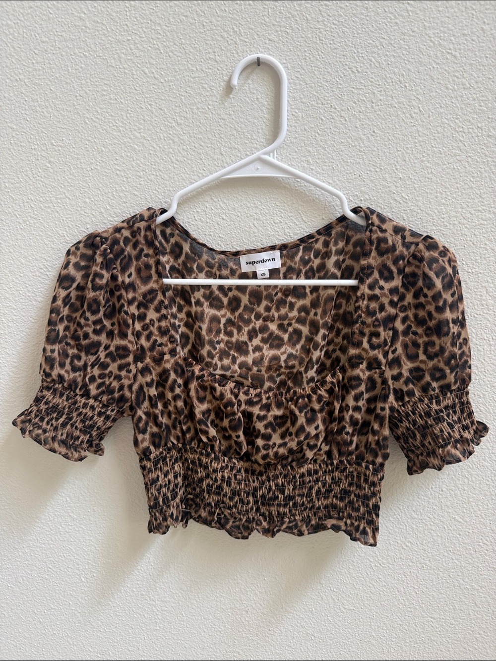 Superdown Leopard Print Smocked Puff Sleeve Crop Top XS Brown Sheer Y2K
